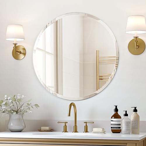 Image of Frameless Round Bathroom Mirror 24 inch | Circle Vanity Mirror for Wall Decor, with Beveled Edge, for Bathroom, Living Room, Entryway, Modern & Elegant Look