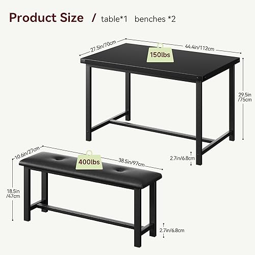 IDEALHOUSE Dining Table Set for 4, Kitchen Table with Upholstered Bench, 3 Piece Rectangular Dining Room Table Set with 2 Benches, for Small Space, Apartment, Studio, Home, Retro Black