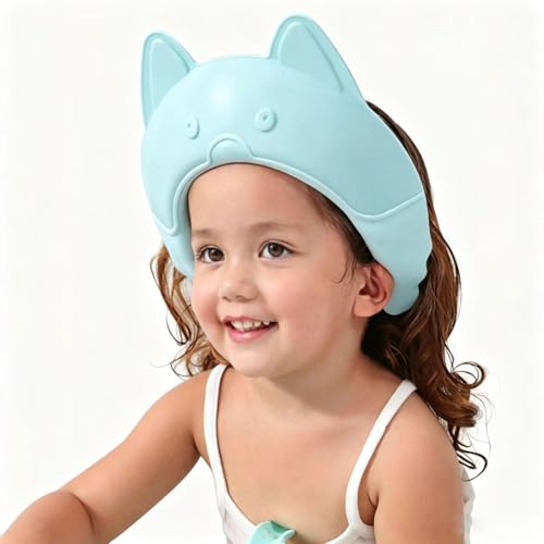 Image of Shower Cap for Kids, Baby Shower Cap bath wash Shampoo rinser shield Hat Adjustable head hair Visor Protection Toddler and Children,Prevent water from entering eyes and ears (Blue fox)