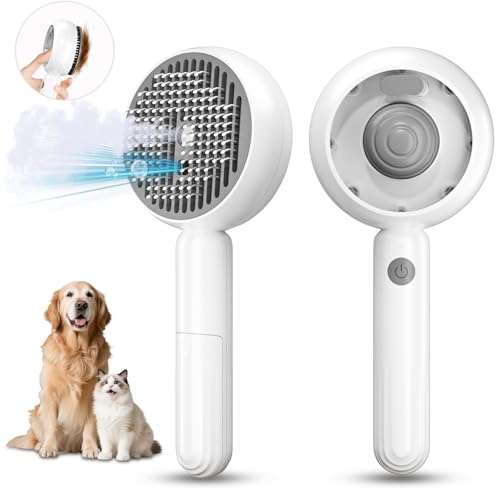 Image of Cat Steam Brush for Indoor Cat Dog 5 In 1 Pet Fur Remover Tool for Shedding & Grooming Anti-Static Spray Hair Removal Comb with Release Button Long Short Hair Pet Dog Supplies - White