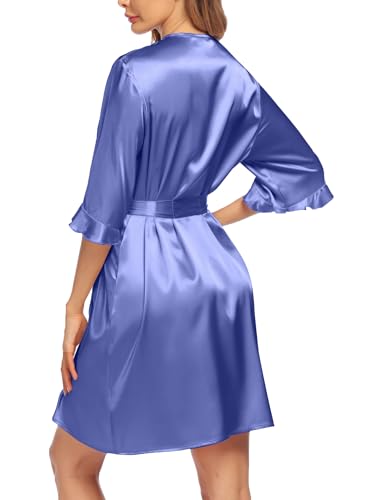 Image of Ekouaer Women's Satin Robe Valentines Lingerie for Women Kimono Bathrobe Short Ruffle Belted Robes Bridesmaids Sleepwear