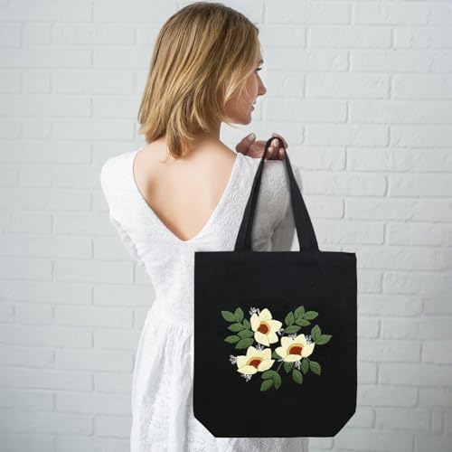 Image of Eforcase Canvas Handbag Embroidery Kit, Flower Embroidery DIY Craft Floral Tote Bag Beginner Kit Include Hoops Color Threads Needle, DIY Sewing Stamped Set