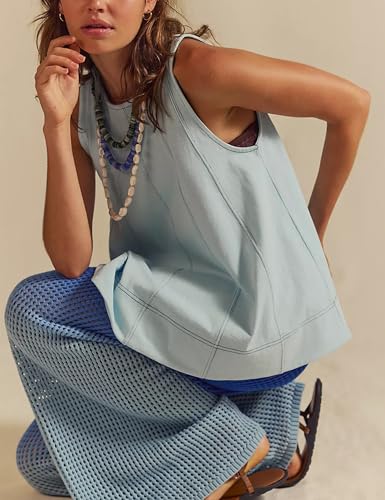 Image of Women 2 Piece Outfits Flowy Sleeveless Tunic Tops Loose Shorts with Pockets Tracksuit Summer Lounge Matching Set 2025