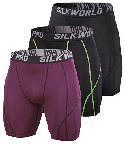 SILKWORLD Men's 3 Pack Running Tight Compression Shorts, Black, Black(Green Stripe), Wine Red
