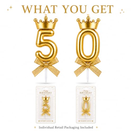 Image of Premium Gold Number 50 Candle Set with Crown Metallic Cake Topper for 50th Birthday Golden Jubilee Anniversary and Celebration Events, 2 PCs