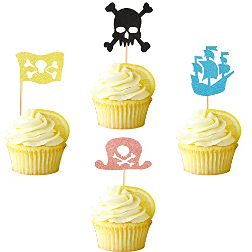 Arthsdite Pack Of 48 Pre-Assembled Pirate Cupcake Toppers Decorations Skull Cap Corsail Pirate Flag Cupcake Picks For Boy's Birthday Party, Baby Shower, Baby First Birthday Party Supply #TOP27