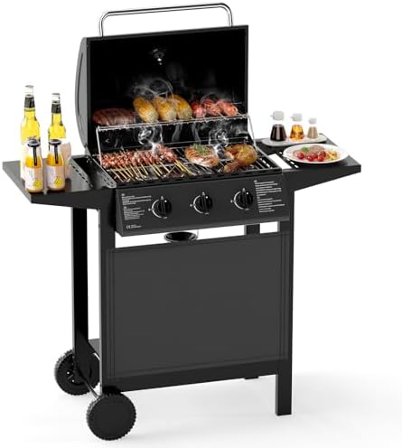 COSTWAY Barbecue Gaz Propane 3 Brûleurs, 24,000 BTU Gril à Gaz Extérieur avec Grilles en Acier ...