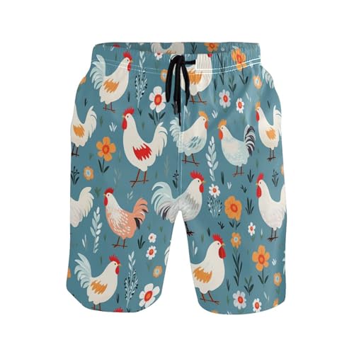 Men's Chicken Farmhouse Blue Swim Trunks Novelty Beach Shorts Quick Dry Swimming Board Trunks