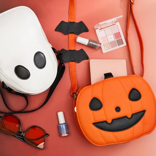Sanwuta 2 Pack Halloween Purse Set for Women, Cute PU Leather Pumpkin Purse and Ghost Bag Crossbody Bags for Halloween Easter Party Favors4