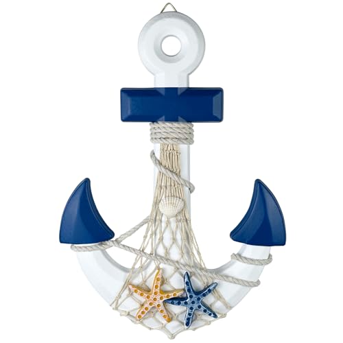 Woboeio Nautical Anchor Decor 13 Inch Wood Anchor Wall Decor with Starfish Fishing Net Shell Nautical Wall Art for Beach House Home Door Frame Boat(White&Blue)
