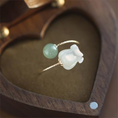 Lucky Layered Hetian Green Jade Flower Rings for Women Silver Gold Plated Lily of the Valley Flowers Twisted Stacking Statement Open Band Finger Ring Adjustable Comfirm Fit Vintage Wedding Jewelry3