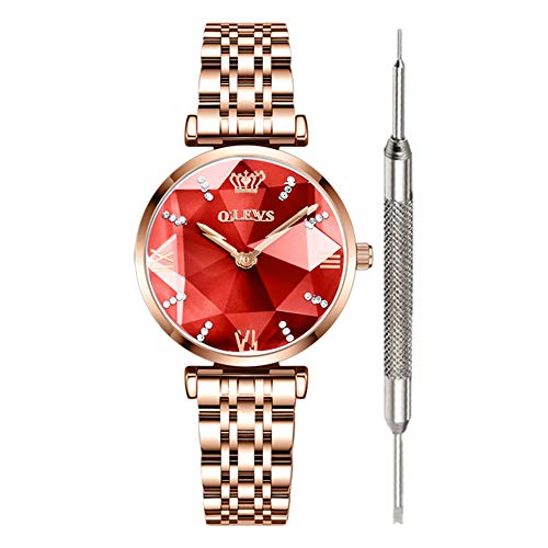Montre quartz femme acier classique montre luxe cadran rouge à aiguilles en verre