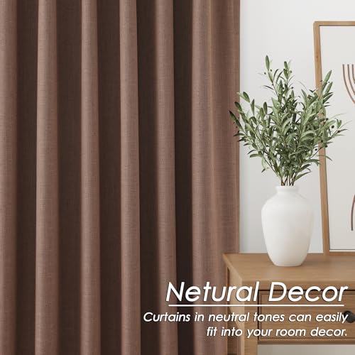 Image of Nanspring Caramel Brown 100% Blackout Linen Curtains for Bedroom 90 Inches Long Back Tab Rod Pocket Thermal Insulated Vintage Rustic Black Out Curtain for Living Room Office Drapes 52x90, 2 Panels