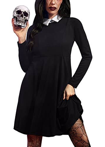 For G and PL Robe patineuse à manches longues et col claudine pour Halloween, style Mercredi Addams - Noir - Noir - S Cover
