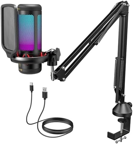 Gaming USB Microphone Set for PC, TONOR RGB Condenser Mic with Boom Arm Quick Mute, RGB Lighting, Pop Filter, Shock Mount, Gain Control for Streaming Podcasting Recording Discord Twitch YouTube TC310+