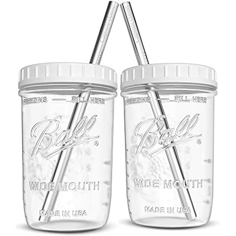 Reusable Wide Mouth Smoothie Cups Boba Tea Bubble with Lids and Silver Straws Mason Jars Glass (2-pack, 16 oz mason jars) Cover