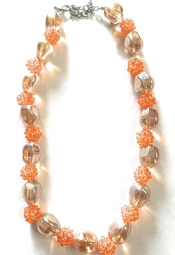 Image of Crystal Beaded Necklace with Peach Cluster Beads, Clear Glass OvalOra Quartz Beads, Silver Chain Clasp