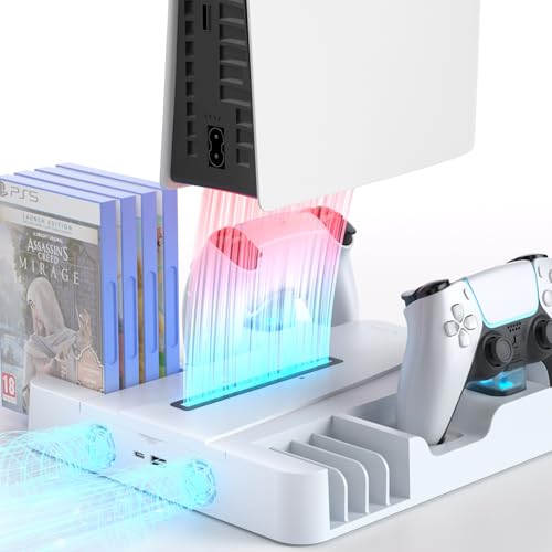 Juseisin for PS5 Gaming Console Cooling Station Holder for Pro, Slim, Digital & Disc Editions – Dual Controller Charging, Multi-Speed Fan, Efficient Heat Dissipation, 8-Game Storage