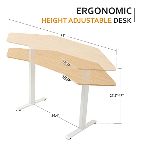 Utureal 71" Electric Corner Standing Desk, Wing Shape Height Adjustable Desk For Home Office, Dual Motor Stand Up Computer Desk, L Shaped Motorized Sit Stand Workstation, Oak Table Top, White Frame #TOP2