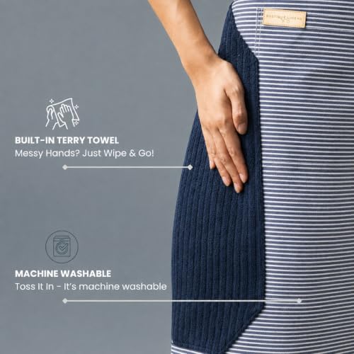 Image of Kitchen Apron - 100% Cotton, Adjustable Neck strap, Large Pocket - Unisex Apron for Men & Women - Cooking, Baking, BBQ, Gardening - Solid Colours, Striped and Checkered Patterns