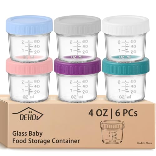 DEHOV 6-Piece Glass Baby Food Containers with Lids,4 OZ Small Glass Freezer Safe Baby Food Storage Jars,Leak Proof Baby Food Grade Puree Containers