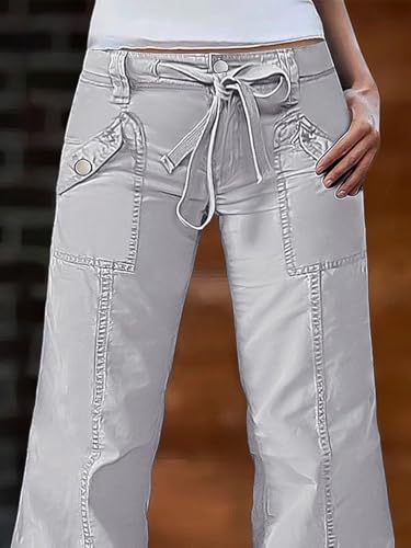 Flamingals Straight Leg Mid Waist Drawstring Solid Flap Pocket Pants for Women2