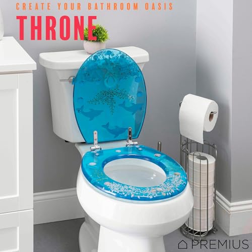 Polyresin Ocean Life Dolphins Toilet Seat By PREMIUS, Standard Round, 17 Inches, Clear-Blue, Ocean Theme with Unique Dolphins & Real Sea Shells Design, Comfortable & Stylish, Stainless Steel Hinges - Image 6