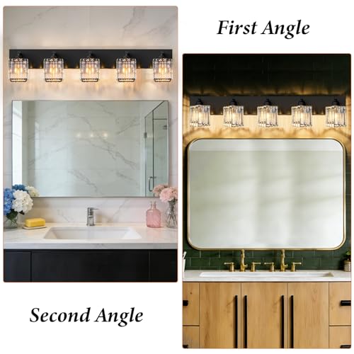 Image of Black Crystal Bathroom Vanity Light, 5-Light Modern Bathroom Lighting Fixtures Over Mirror, Matte Black Wall Sconce Light Fixtures with Square Shade