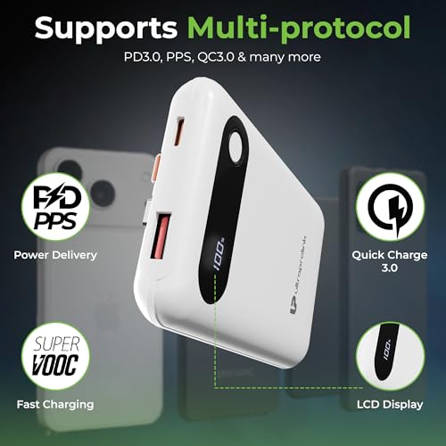 Image of UltraProlink Power Bank 10000mah Fast Charging|16.8mm Slim|22.5W QC-PD-PPS Fast Charging Battery Bank|with USB-C & iPhone Cable|Digital Display|Power Bank for Tablets & Smartphones|White |UM1127