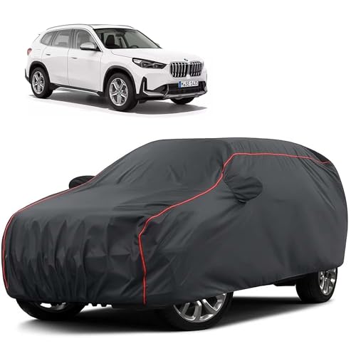 Image of Sulfar 100% Water Resistant Car Body Cover Compatible with Mirror for BMW X1 (Triple Stitched, Full Bottom Elastic, Dark Grey Taffeta with Red Piping)