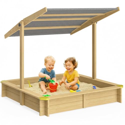 SPIELWERK® Fritzi Sandpit | Tilting Roof | Canopy | UV50+ Protection | Soft Play | Ideal with Kinetic Sand | Toddler Toys | Play House with Ground Liner & Corner Protectors | 140x140 cm