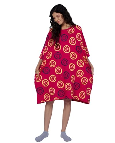 Image of LAMA STORE Women's Printed Oversized T-Shirt Dress, Cotton, 3 /4 Sleeve Length, Casual Loose Fit, Comfort Wear Extra Comfy Oversized Printed Pocket T-Shirt Dress