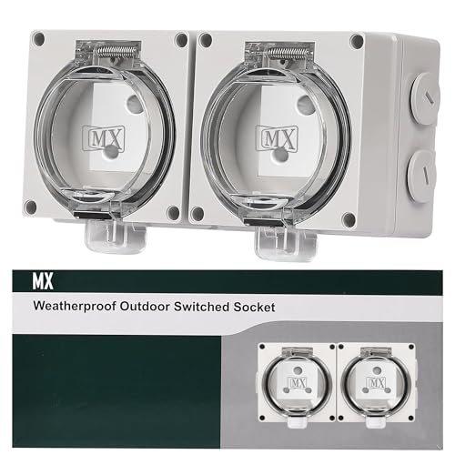 Image of MX IP66 Waterproof Outdoor Socket Box with 2 x 16A Indian Sockets, 250V Weatherproof Dustproof Electrical Wall Outlet, 4 Module Modular Power Socket with Spring Cover for Garden, Balcony, Patio
