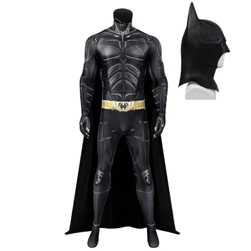 Fdeeom Adult Bat Super Hero Costume For Men Knight Jumpsuit Dark Cape With Latex Mask Halloween Cosplay Party Outfit cover
