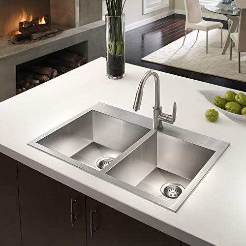 Houzer Bcd-3322 Bellus Series Zero Radius Topmount Stainless Steel 1-Hole 50/50 Double Bowl Kitchen Sink #TOP3