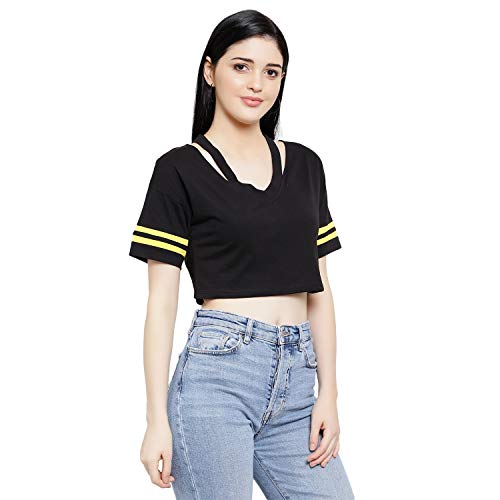 Image of LE BOURGEOIS Women Solid Loose Fit Desiger V-Neck Short Sleeve Dance Party Casul Crop Top