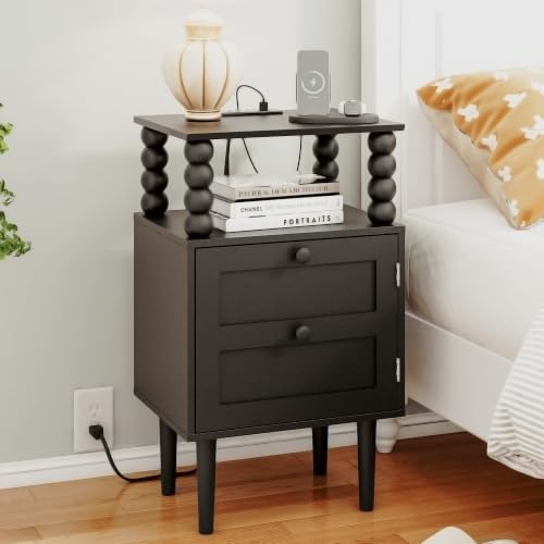 Image of Black Nightstand with Outlet,Storage Drawer and Open Wood Shelf,Wood Legs | Mid-Century Modern Bedside Table for Bedroom and Small Spaces,Easy Assembly Solid Wood Legs