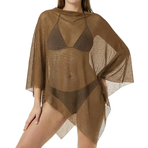 Cuffbow 1 Pcs Women Mesh Sheer Swimsuit Cover-up Side Slit Sheer Poncho Shrug Short Sleeve Beach Skirt Wear Bikini for Swim (Khaki)