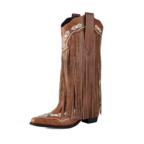 Image of Embroidered Fringe Cowboy Boots for Women, Pull On Mid Calf Chunky Block Heel Pointed Toe Western Cowgirl Boots Riding Country Boot Retro Boots
