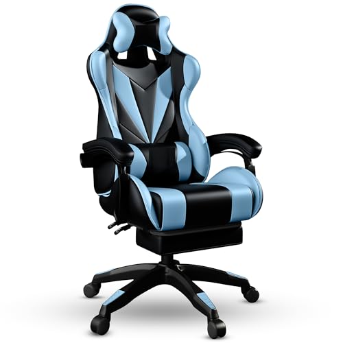 Bayt Silla de Escritorio & Silla Gaming Ergonómica - Gaming Chair para Oficina, Sillón Gamer Reclinable, Diseño Deportivo en Cuero Sintético, Azul y Negro