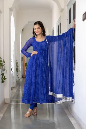 Image of Modestouze Attires Women's Rayon Printed Kurta Set | U Neck Full Sleeve Fit Flared Anarkali Kurti and Print Dupatta