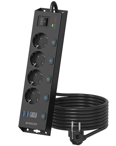 Multiprise 4 Prises avec USB C, Multiple Prise 4 USB avec 5 Interrupteurs Individuelles, Multiprise Electrique Parafoudre 1050J, Cordon 2M