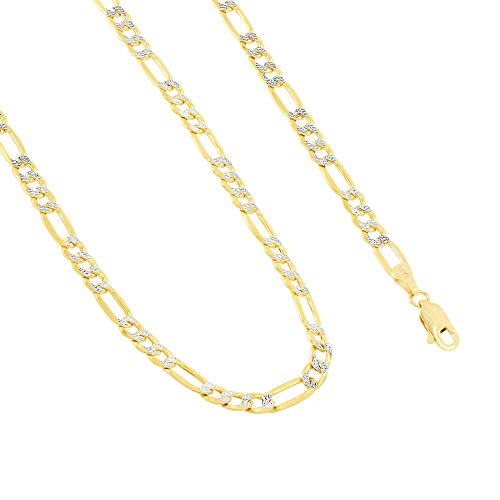 Nuragold 14K Yellow Gold 4.5Mm Figaro Chain Link Diamond Cut Pave Two Tone Bracelet, Mens Womens Lobster Clasp 7" 7.5" 8" 8.5" 9" - Real Gold Jewelry #TOP7