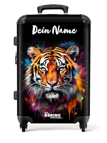 NoBoringSuitcases.com Reisekoffer Personalisiert, Koffer Groß, Hartschalenkoffer, TSA Schloss, Koffer Größe M, Reisekoffer Groß, Rollkoffer Mittelgroß (Tiger - Orange 67 cm - 72 L)