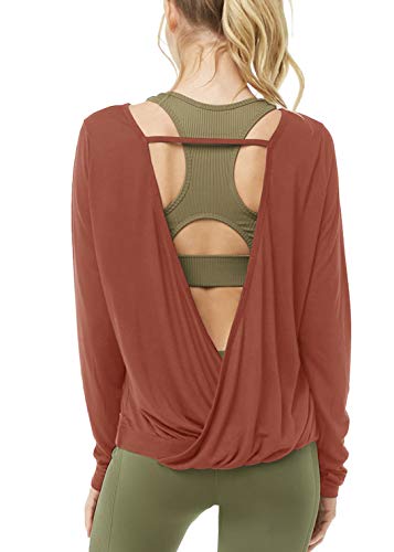 Muzniuer Women's Sexy Backless Long Sleeve Yoga T Shirt Casual Open Back Cross Blouse Tops Thumbhole Shirts Long Sleeve Workout Top Summer Top Brown L