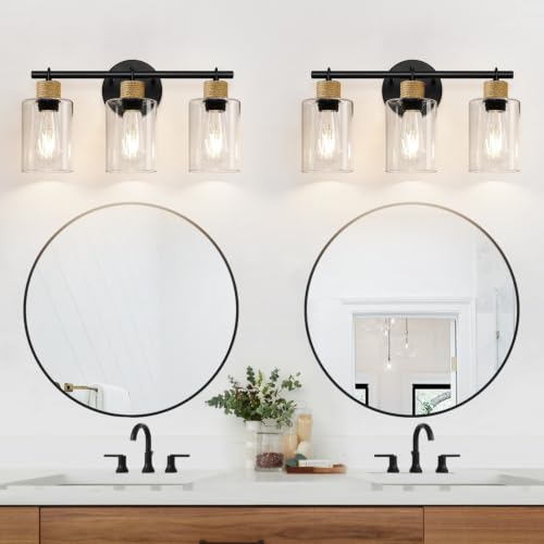 Image of MOKATNG Bathroom Light Fixtures, 3-Light Farmhouse Vanity Lights with Hemp Rope, Black Bathroom Wall Lamp for Mirror Kitchen Hallway Cabinet