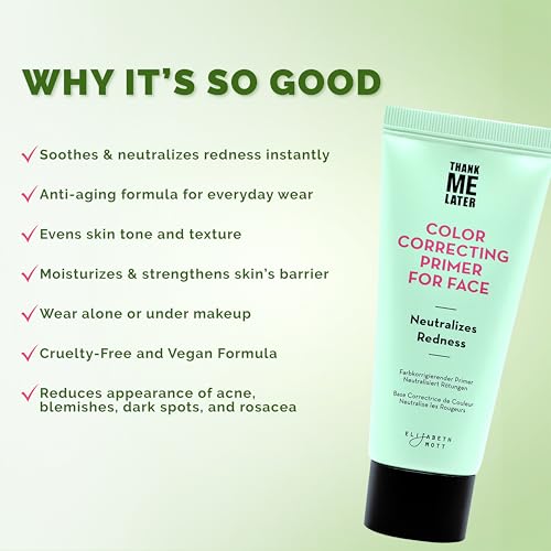 Image of Elizabeth Mott Thank Me Later Color Correcting Face Primer, 30g | Neutralizes Redness, Evens Skin Tone, Makeup Primer, Long-Wearing Makeup, Cruelty-Free