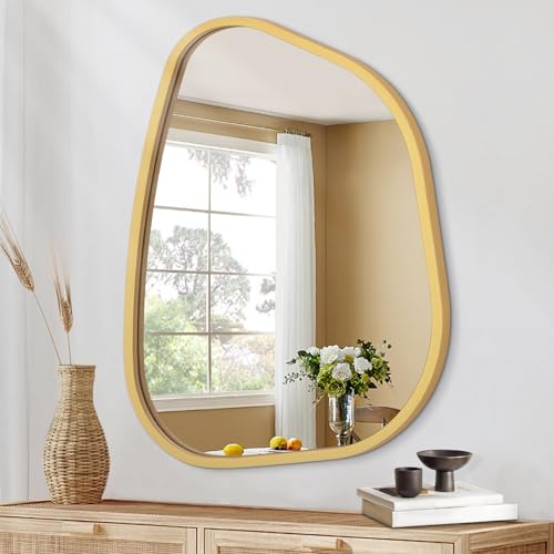 HLFMVWE Espejo asimétrico dorado grande de 50 x 40 cm, espejo ovalado irregular de pared, marco de madera moderno, forma única, tocador artístico decorativo para sala de estar, dormitorio, baño