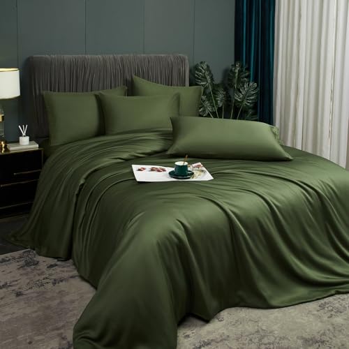 Luofanfei Housse de Couette 220x240 Vert Olive Adulte 2 Personnes Bambou Polyester Parure Linge de lit Uni Soie Lisse Soyeux Brillant Modern Housse Couette...