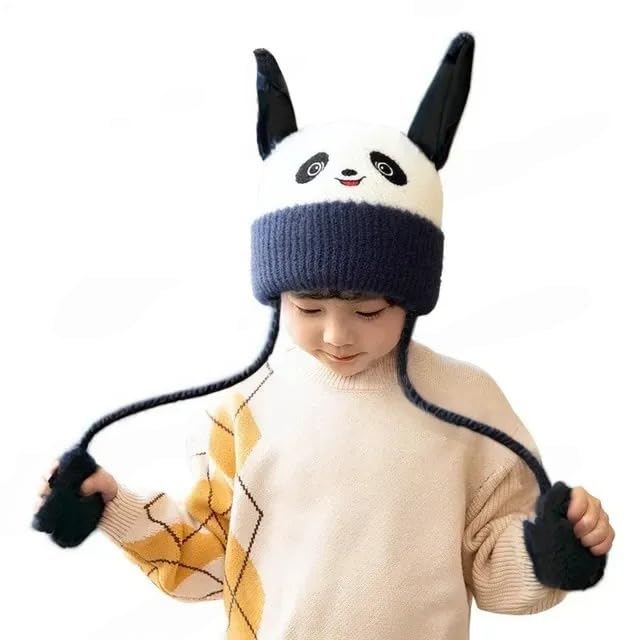 Winter Soft Plush Animal Face Look Woolen Windproof Beanie Cap Hat for Boy and Girl's l Toy Kids Accessories Moving Earflap Cap | Above 5 Years Freesize